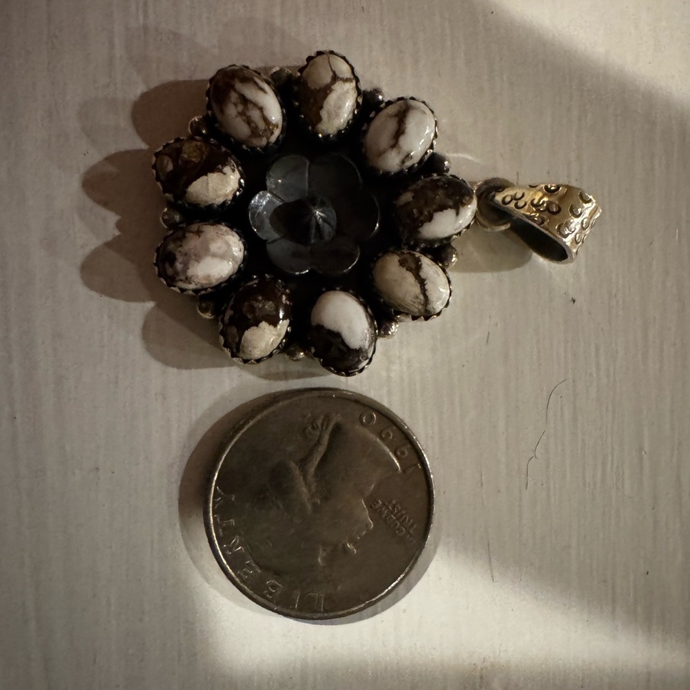 Sterling Silver and White Buffalo Native Floral Pendant - Picture 5 of 6